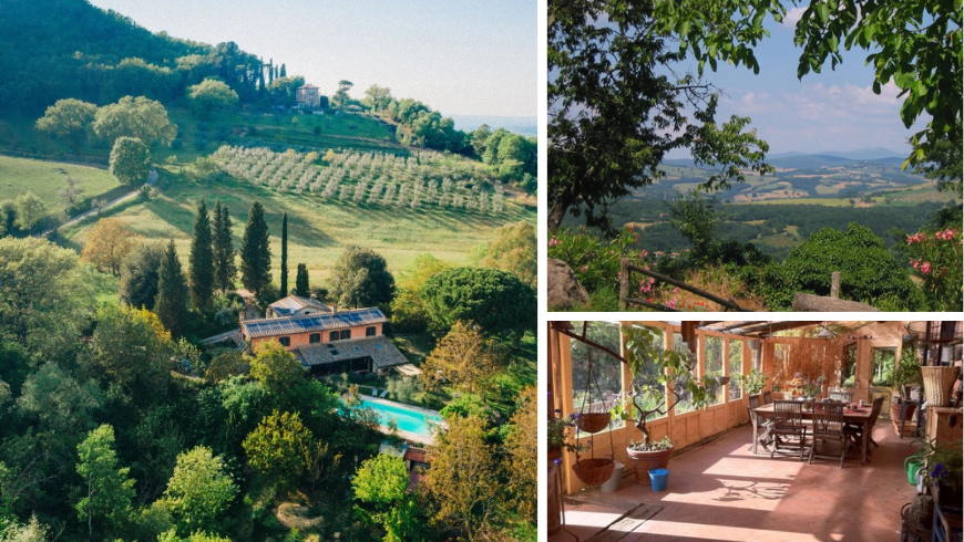 Luftaufnahme eines Landhauses mit Terrasse, Tisch im Freien und Panoramablick auf das Tal