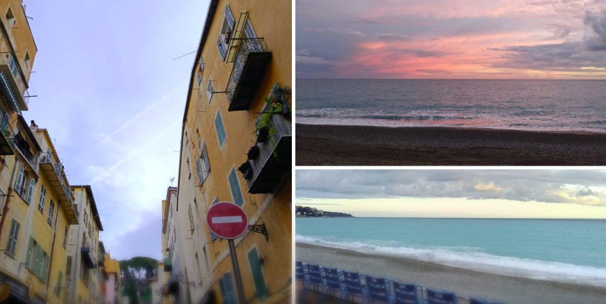 Fotos von bunten Gassen der Altstadt, dem Sonnenuntergang über der Bucht der Engel und den berühmten blauen Stühlen der Promenade des Anglais