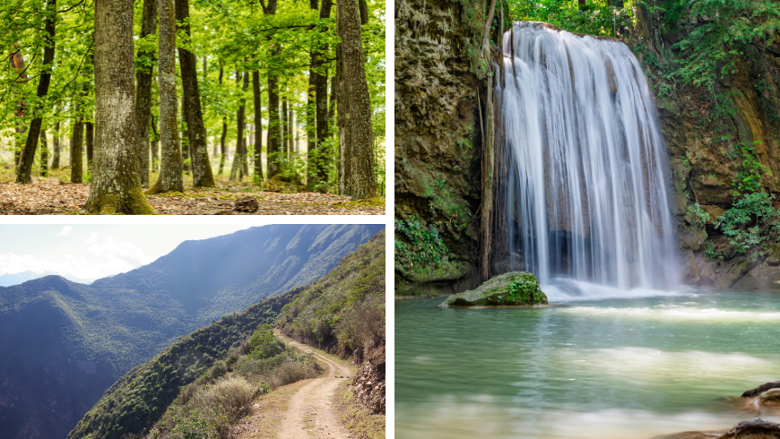 Wanderwege und Wälder mit Eichen und Wasserfällen