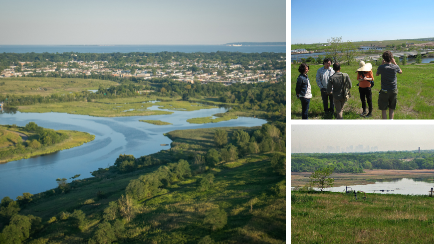 Collage zeigt den Freshkills Park in New York mit Panoramablick, Besuchern, die die restaurierte Landschaft erkunden, und einheimischer Vegetation, die auf einer ehemaligen Mülldeponie wächst, die in ein Öko-Tourismusziel umgewandelt wurde
