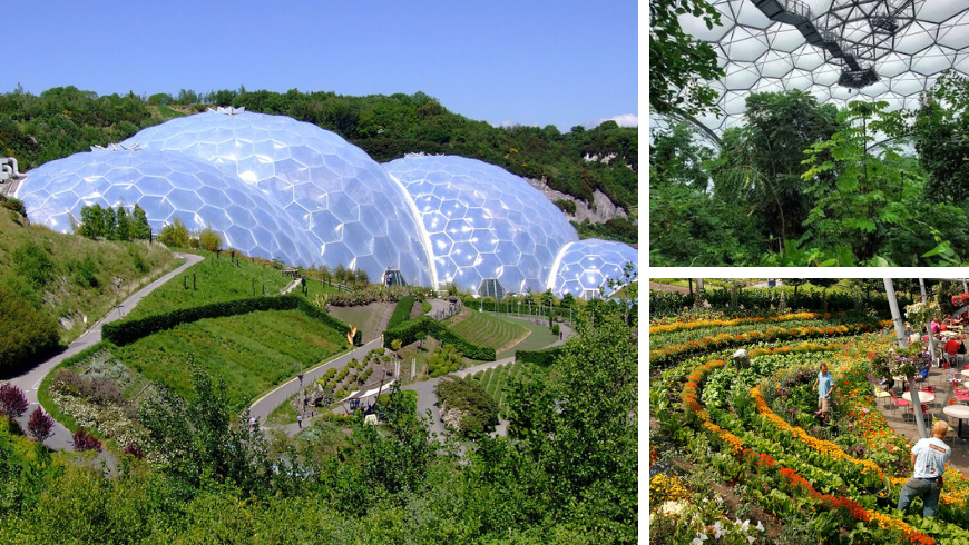 Collage, die das Eden Project in Cornwall zeigt, einschließlich einer Luftaufnahme seiner Biome, der inneren Regenwaldkuppel und der Außengärten mit einem Café, einer ehemaligen Lehmgrube, die in ein Öko-Tourismusziel umgewandelt wurde