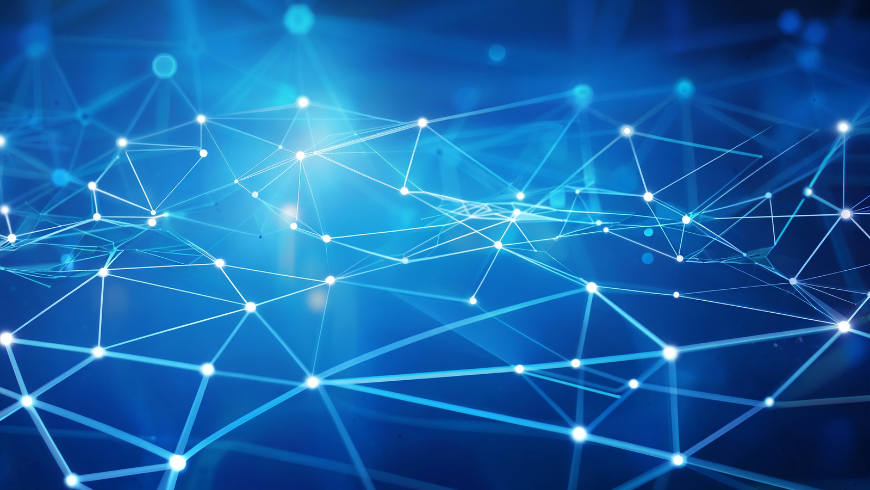 Symbolische Darstellung eines Internetnetzwerks mit digitalen Verbindungen zwischen verschiedenen Knoten.
