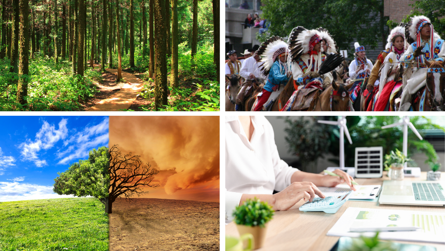 Wald, Gruppe von Menschen in traditioneller Kleidung, Klimawandellandschaft mit Baum, nachhaltige Finanzbudgetierung unterstützt ESG-Berichterstattung und Netto-Null-Planungsanalyst berechnet Kosten neben Modellen für erneuerbare Energien und Leistungsdiagrammen mit Kopierraum. nachhaltig, Finanzen, ESG