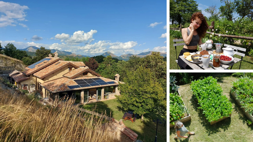 Collage aus Ecobnb-Bildern, die Sonnenkollektoren auf einem Dach, ein Frühstück im Freien mit Bio-Lebensmitteln aus der Region und einen Bio-Gemüsegarten neben einer Unterkunft zeigt.