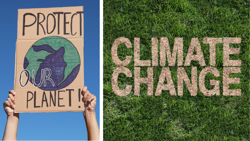 Mann mit Plakat zum Protest gegen den Klimawandel im Freien und Schild zum Klimawandel