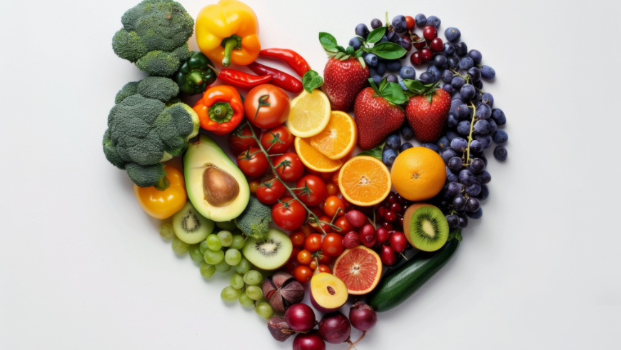 Herz aus frischem Obst und Gemüse als Symbol für gesunde, natürliche und nachhaltige Ernährung.